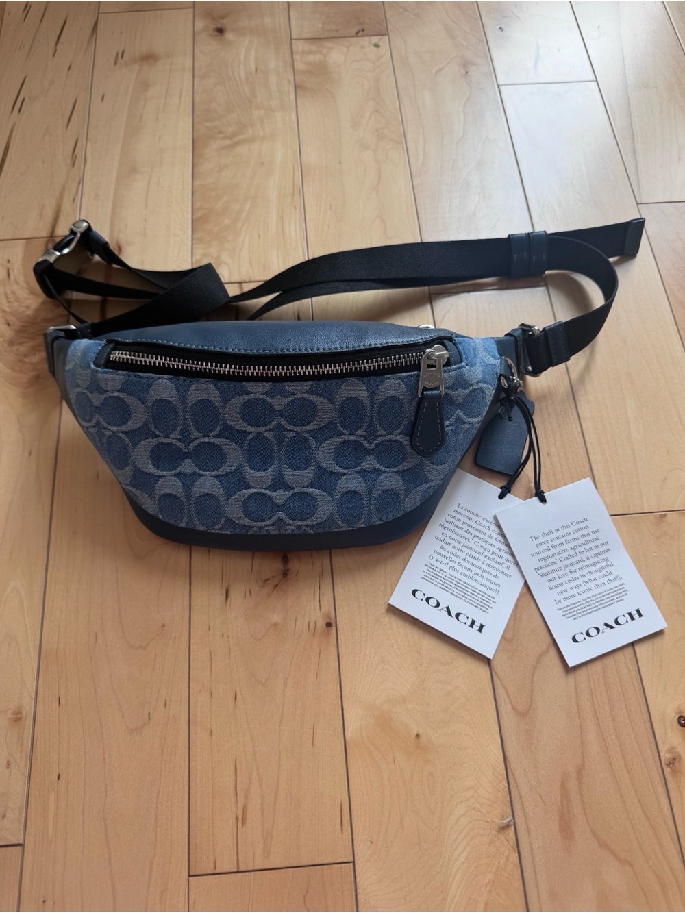 COACH Blue Signature Denim Belt Bag with Black Strap